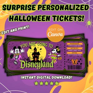 Halloween Überraschung Urlaub offenbaren, sofortiger Download, Freizeitpark-Eintrittskarte, bearbeitbare und druckbare digitale Datei, Disneyland