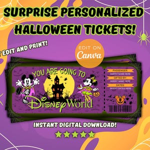 Halloween Überraschung Urlaub offenbaren, sofortiger Download, Freizeitpark-Eintrittskarte, bearbeitbare und druckbare digitale Datei, Disney World