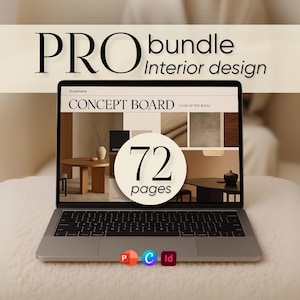 Peut inclure: Un ordinateur portable affichant un concept board de design d'intérieur, avec le texte "PRO bundle Interior design". L'écran montre un design de 72 pages. Icônes Photoshop, Illustrator et InDesign en bas.