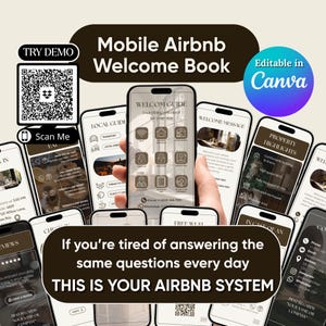 May include: An advertisement for a mobile Airbnb welcome book. The image shows several smartphones displaying welcome guide information. Text includes "Mobile Airbnb Welcome Book", "Editable in Canva", and "If you're tired of answering the same questions every day, THIS IS YOUR AIRBNB SYSTEM."