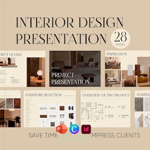 Modello di presentazione del progetto per interior designer modificabile in Adobe InDesign, PowerPoint, Canva