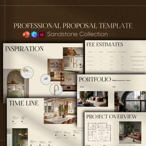 Modello di proposta di interior design per la collezione Sandstone, presentazione modificabile per il cliente, PowerPoint, Canva, InDesign