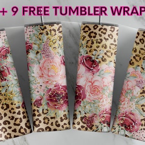 Watercolor Floral Roses 20 oz tumbler wrap sublimation Pink flowers leopard print tumbler wrap Gold glitter roses tumbler