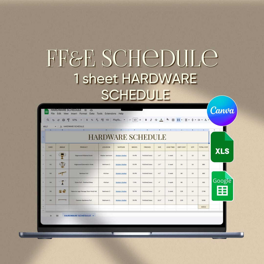 HARDWARE FF&E Schedule Template 1-page Fixtures Sheet (canva, Excel ...