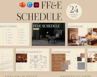 FF&E Schedule Interior Template, 24 Editable Pages, Mood Board, Material Lighting Planner, Canva, PowerPoint