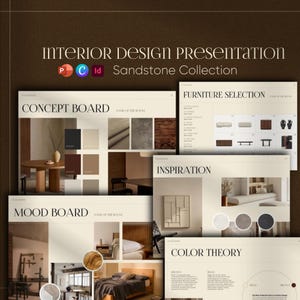 Plantilla de presentación de diseño de interiores Colección Sandstone, tablero de estado de ánimo de cubierta de cliente editable, portafolio PowerPoint Canva