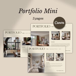 May include: A beige-toned graphic design layout titled "Portfolio Mini" with three pages. The pages showcase interior design projects with images of living spaces. The Canva logo is visible. Text includes "Portfolio", "3 pages", and "Your company name".