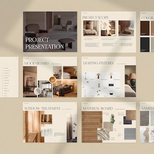Projectpresentatiesjabloon voor binnenhuisarchitecten bewerkbaar in Adobe InDesign, PowerPoint, Canva