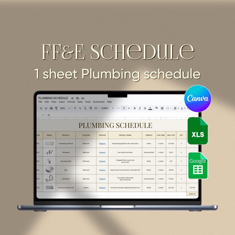 Plumbing FF&E Schedule Template 1-page Fixtures Sheet (canva, Excel ...