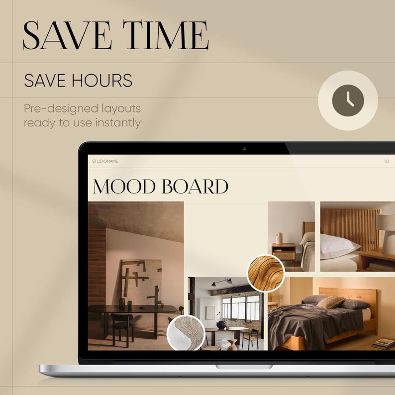May include: A laptop displays a "MOOD BOARD" with interior design images. The screen shows a bedroom, living room, and other design elements. Text at the top reads "SAVE TIME" and "SAVE HOURS". The background is a neutral beige color.