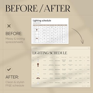 May include: A comparison image showing a "Before" and "After" view of a lighting schedule. The "Before" shows a messy spreadsheet, while the "After" displays a clean and stylish schedule. Text includes "BEFORE/AFTER" and "LIGHTING SCHEDULE".