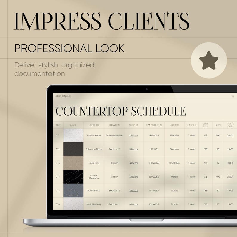May include: A laptop displaying a "COUNTERTOP SCHEDULE" with product details. The screen shows a table with columns for code, image, product, location, and dimensions. The text "IMPRESS CLIENTS" and "PROFESSIONAL LOOK" are at the top.