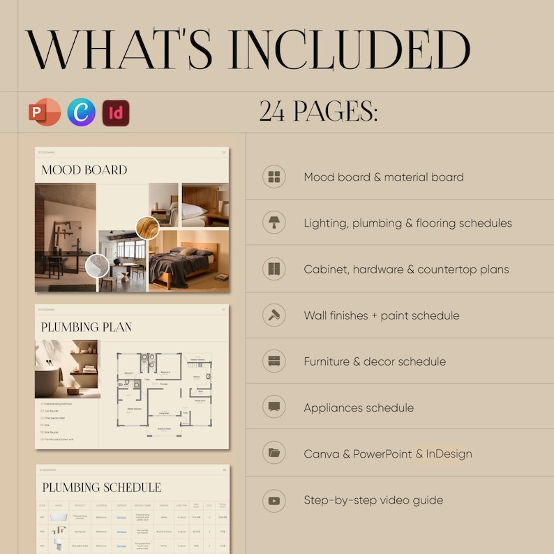 May include: A beige digital document titled "WHAT'S INCLUDED" with the text "24 PAGES:" and icons for Canva, PowerPoint, and InDesign. The document includes sections for mood boards, plumbing plans, and schedules, with a step-by-step video guide.