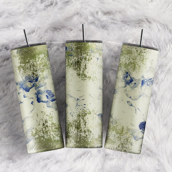 Navy Blue Florals tumbler Beige Blue Watercolor Spring Flowers Green Foil Border 20oz skinny tumbler sublimation wrap designs Download PNG