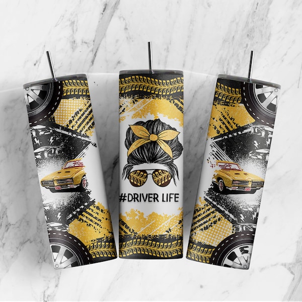 Car Driver life tumbler wrap Race Life Racer Racing Yellow Checkered Flag Mom Messy Bun 20oz skinny tumbler sublimation PNG Digital Download