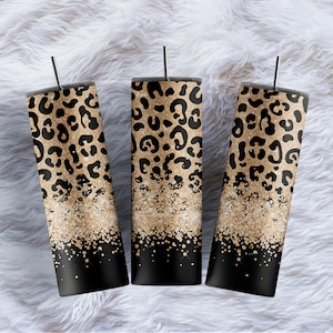 Envoltura de vaso de leopardo con purpurina Estampado de guepardo con purpurina dorada Añade tu texto Envoltura de nombre Vaso delgado de 20 oz Envoltura de sublimación Descargar PNG