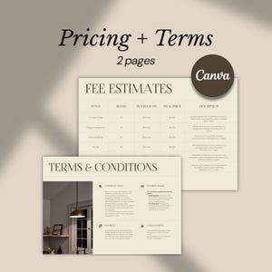 Op de afbeelding: Een beige document getiteld "Pricing + Terms" met "2 pagina's" weergegeven. Het document bevat een tabel "Fee Estimates" en een sectie "Terms & Conditions". Een Canva-logo staat in de rechterbovenhoek.