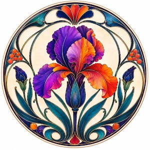 Peut inclure: Un panneau décoratif circulaire représentant une fleur d'iris centrale aux pétales violets, orange et rouges vifs. Le motif comprend des tiges bleu foncé, des feuilles vertes et des grappes de baies orange, le tout dans un cadre circulaire.