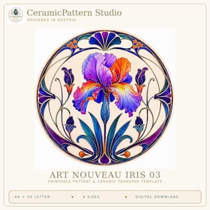 Può includere: Un modello circolare stampabile per trasferimenti su ceramica e terracotta intitolato Art Nouveau Iris 03 di CeramicPattern Studio. Il design presenta un fiore di iris centrale viola, arancione e blu circondato da un bordo decorativo.