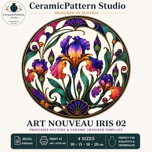 Könnte beinhalten: Ein kreisförmiges digitales Design mit violetten und orangefarbenen Irisblüten und grünen Blättern, umrahmt von dunklen Linien. Der Text enthält CeramicPattern Studio, Art Nouveau Iris 02 und vier Größen: 10, 15, 18 und 20 cm für Keramik.