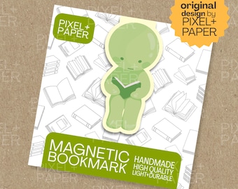 Reading Little Green Guy Magnetic Laminated Paper Bookmark | Cute Funny Page Marker | Gift for Readers