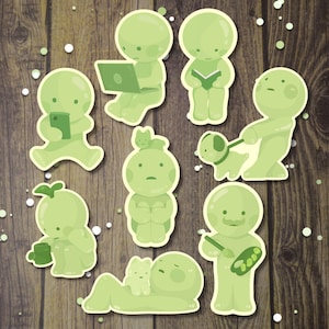 Little Green Guys Smiski Style Matte Vinyl Stickers | Cute Silly Decals | Gifts for Trinket Collectors