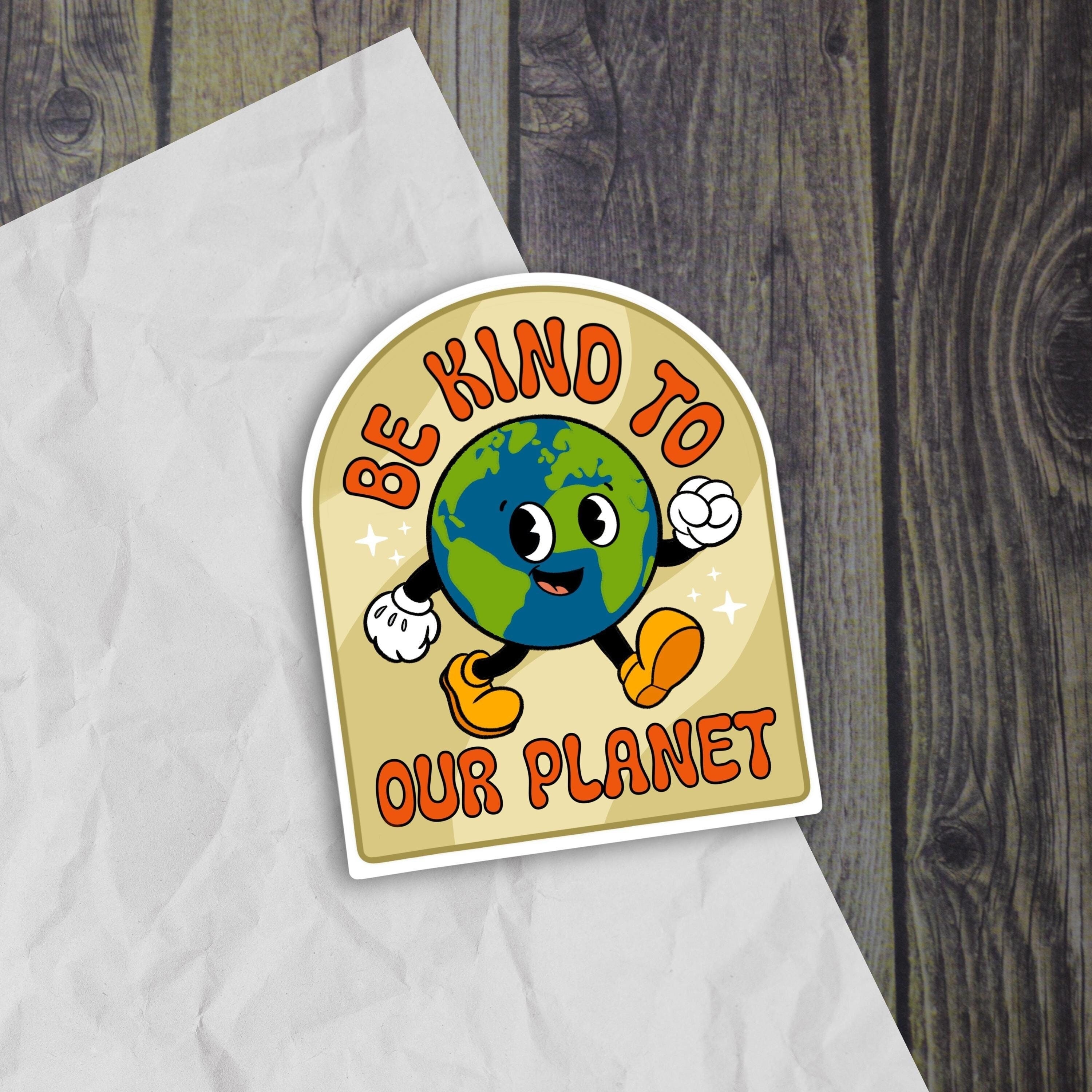 Be Kind To Our Planet Vinyl Sticker | Earth Day Sticker | Classic Cartoon Style Earth