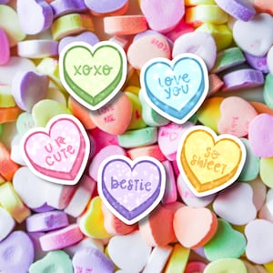 Sweethearts Candy Glitter Vinyl Sticker Set | Cute Valentine&#39;s Gift | Conversation Hearts Vinyl Decals