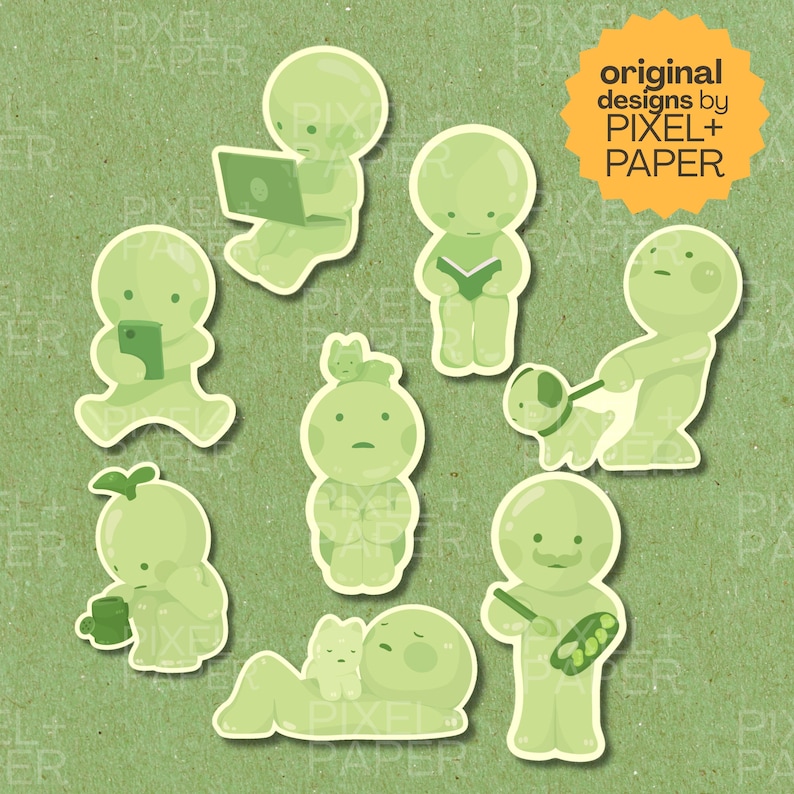 Little Green Guys Matte Vinyl Stickers | Cute Silly Decals | Gifts for Trinket Collectors Full set!