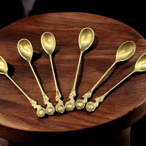 Vintage Brass Spoons with Rose Design, Set of 6, 1990s, 11 cm, Brass Serving Spoons, Unique Home Decor, Antique Spoon Set, Retro Spoons