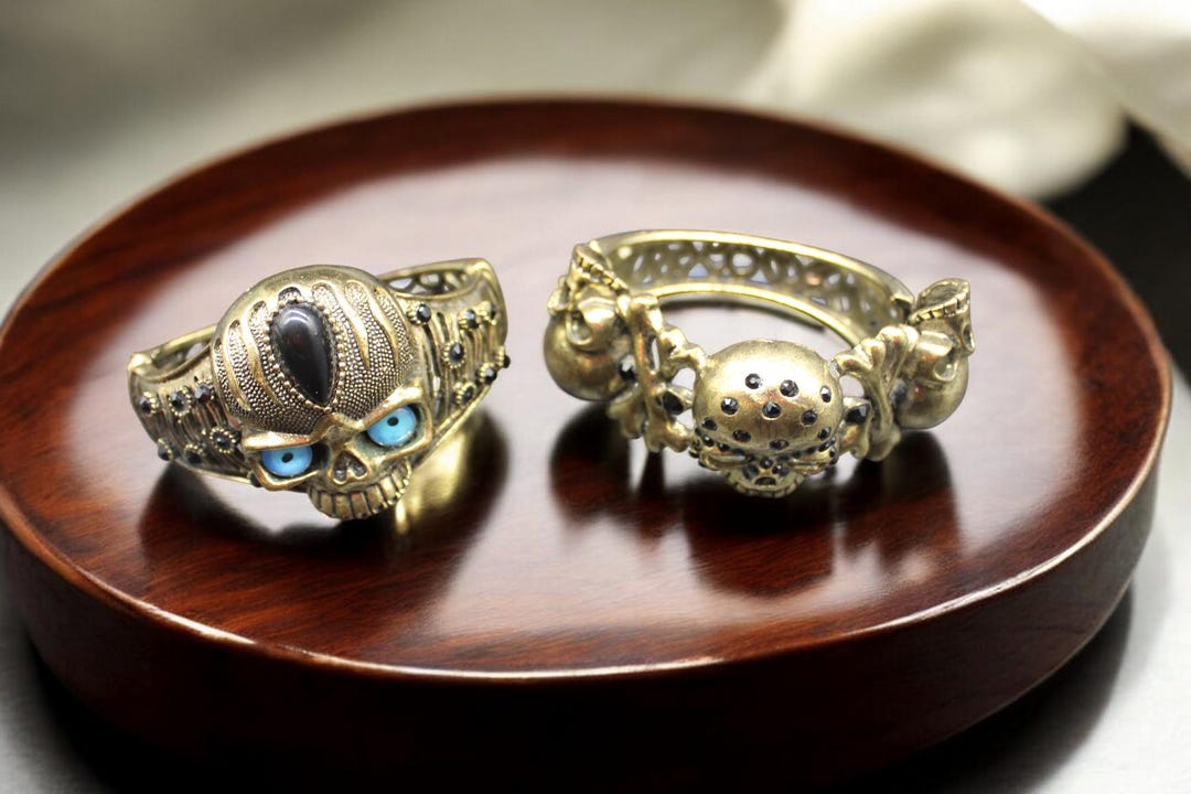 Vintage Brass Skull Bracelets, 2000s, Unique Skull Jewelry