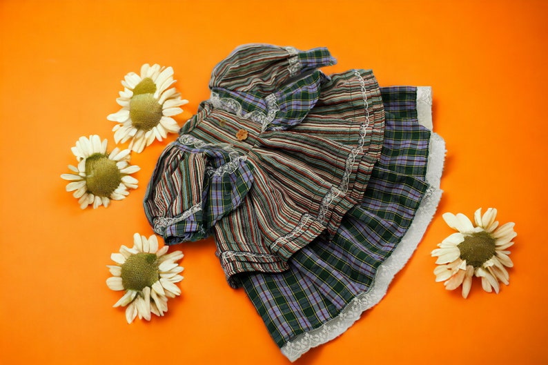 Vintage Porcelain Doll Dress, Gift Doll Dress, Checked Lace Porcelain