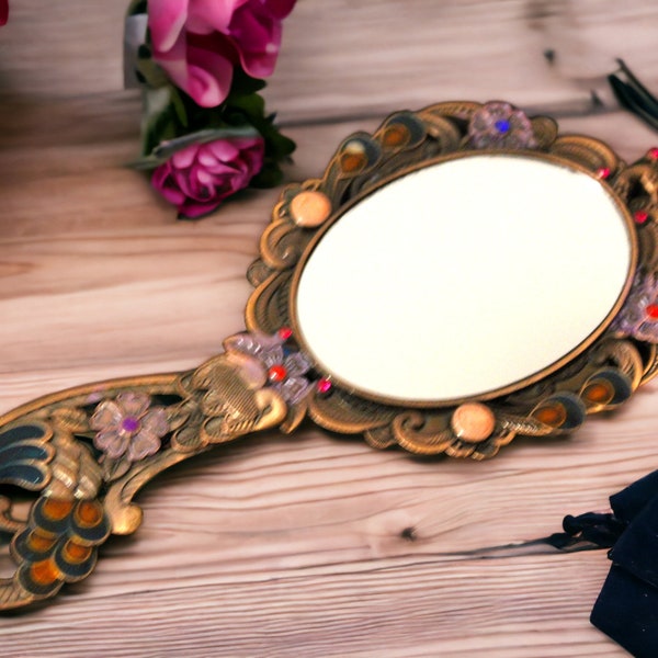 Cadeau fête des mères paon authentique miroir, miroir en cuivre vintage, miroir vintage fait main, miroir de maquillage en cuivre, miroir sur mesure