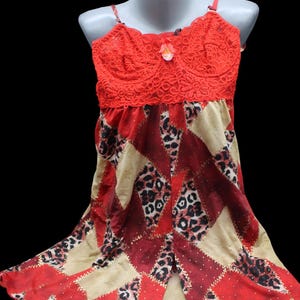 Vintage Red Lace Nightgown 2000s, Soft Silk Lingerie Red Dress, Retro Nightgown with Leopard Print, 2000s Fantasy Lingerie Sleepwear