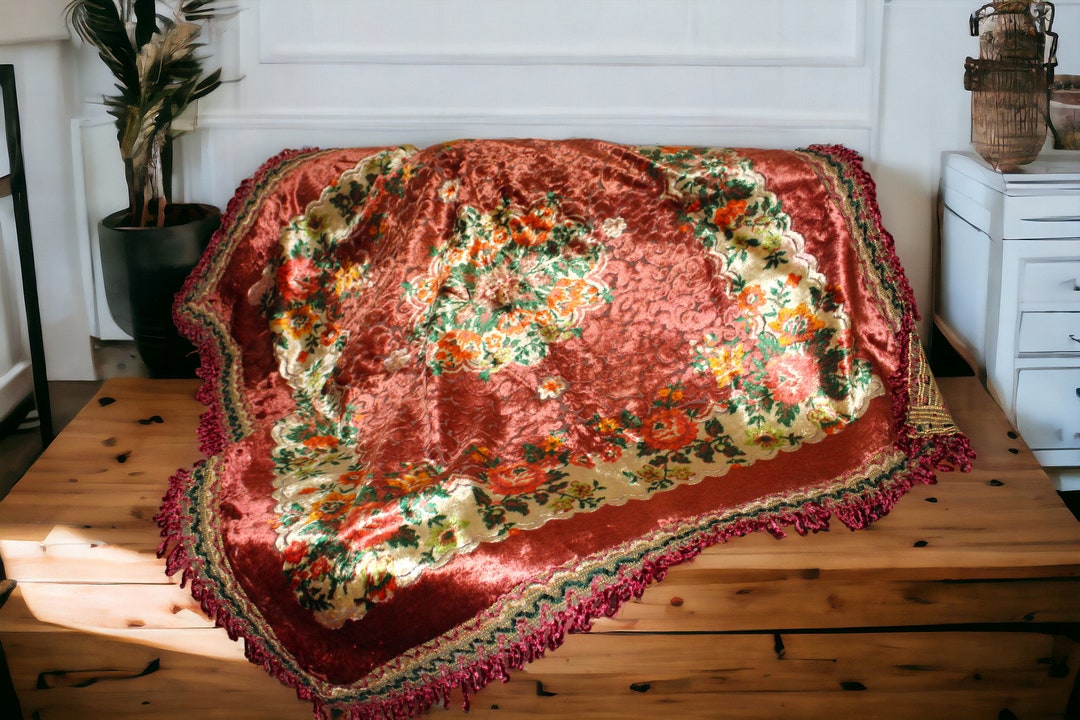 Vintage Velvet Bedspread, Retro Velvet Carpet, Mother's Day Gift Velvet