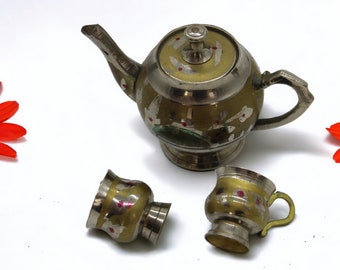 service à thé en laiton vintage, théière et tasses en laiton, ensemble de théière cadeau fête des mères, tasses Zamzam, tasses à café miniatures