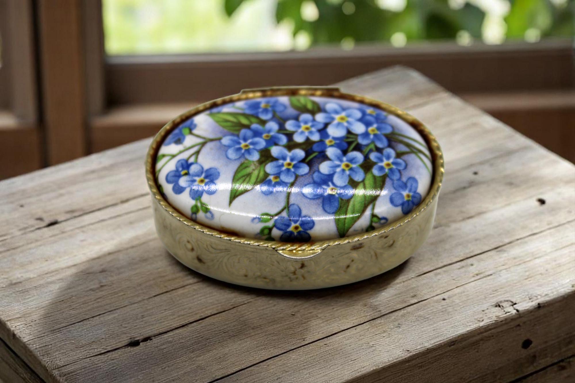 Vintage 1990s Brass & Porcelain Trinket Box – Handmade Jewelry Keepsake with Patina – Small Hinged Memory Box -  Summer Gift