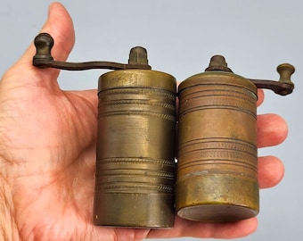 Vintage brass grinder rustic 1970s hand mill set