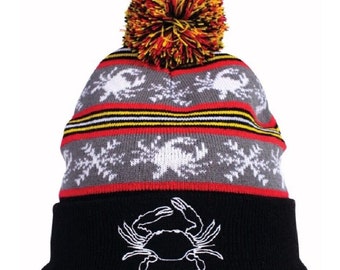 Crab Striped Pom Black Beanie Cap Hat - NEW Fast Free Ship