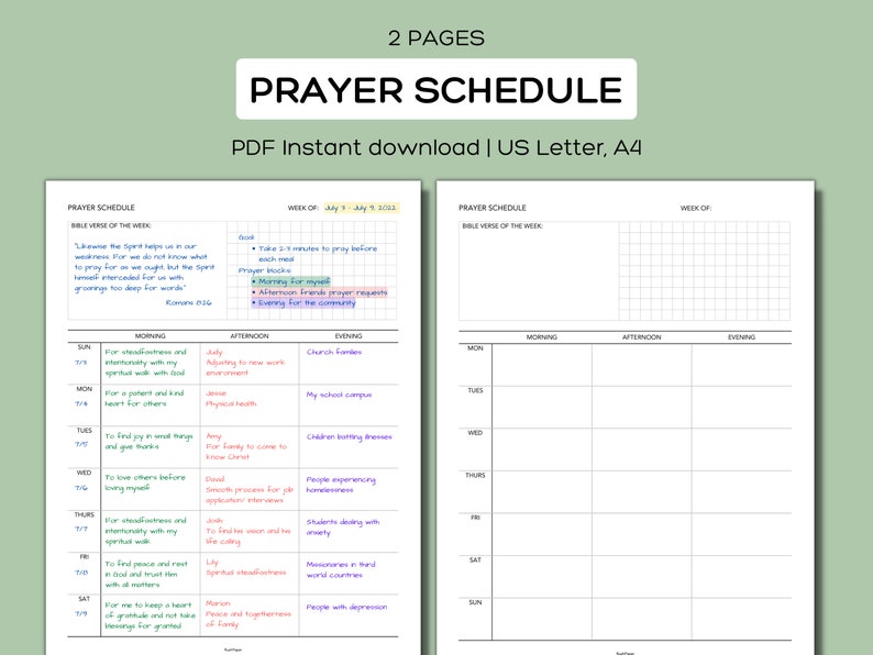 Weekly Prayer Schedule, Printable Prayer Log, Prayer Request Organizer ...