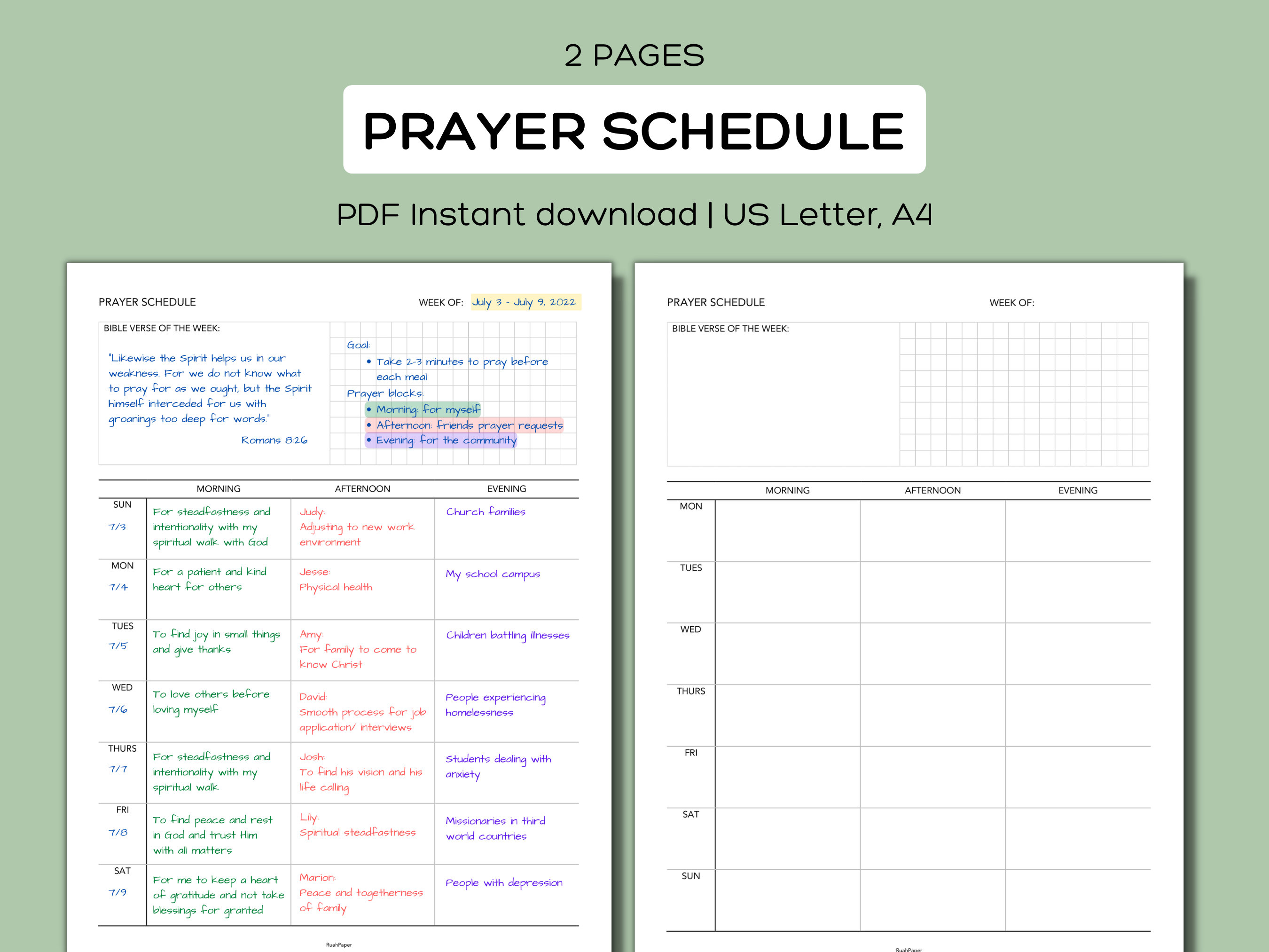 Weekly Prayer Schedule, Printable Prayer Log, Prayer Request Organizer