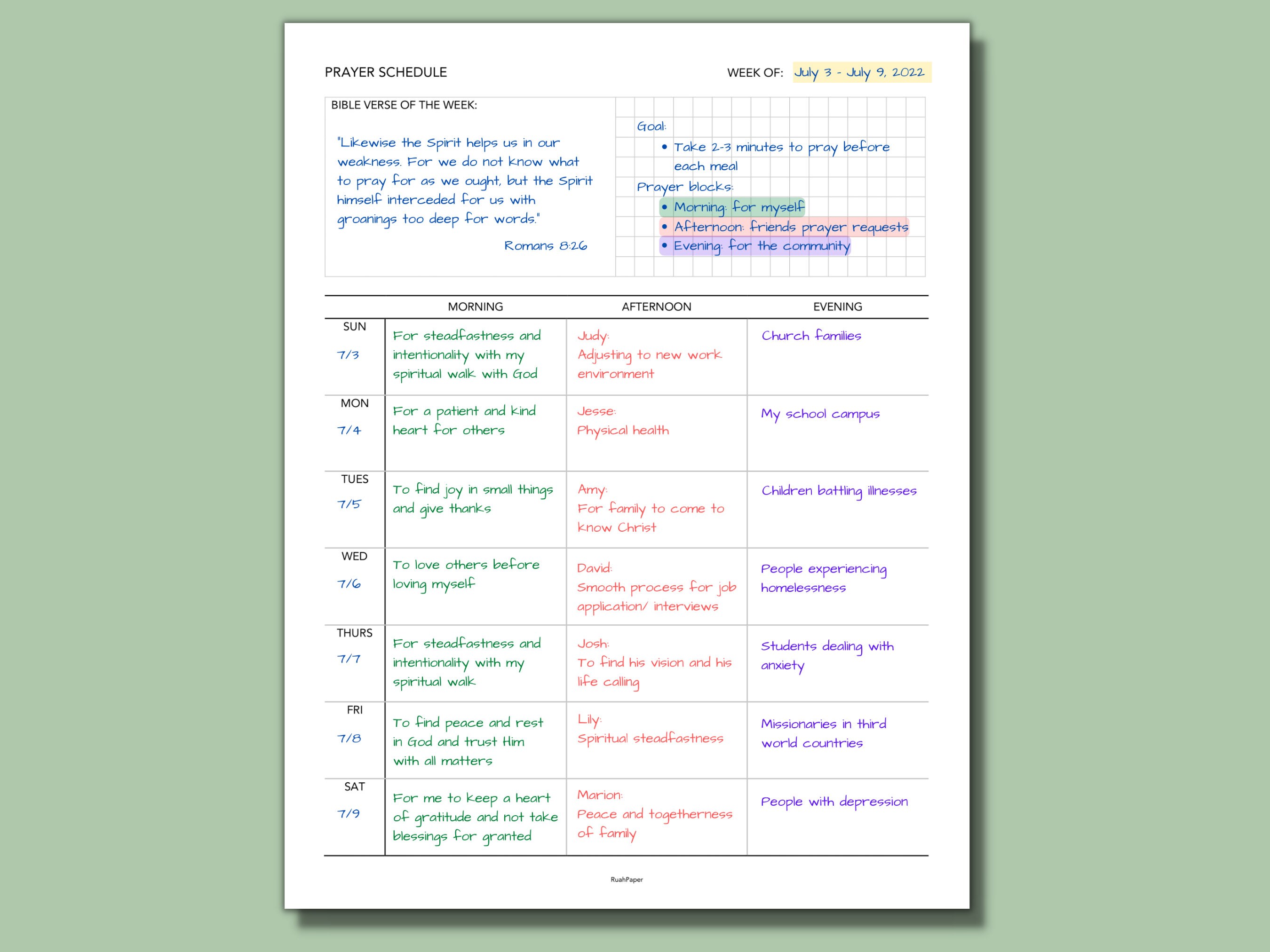 Weekly Prayer Schedule, Printable Prayer Log, Prayer Request Organizer ...