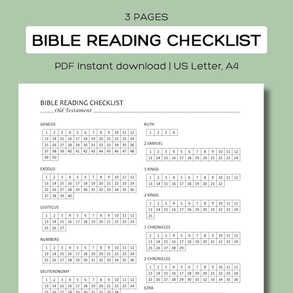 Bible reading checklist printable, bible reading tracker, bible reading plan, bible reading log PDF, A4, US Letter