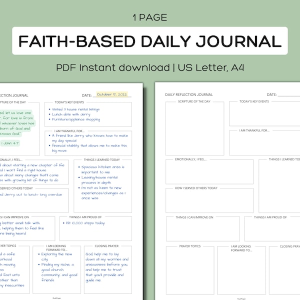 Faith based daily reflection journal, night time journaling, printable reflection meditation guide, christian resource, daily prayer diary