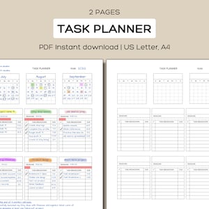 May include: A printable task planner with a calendar for August and September 2022. The planner includes sections for project items, Etsy shop launch, job search prep, set up finances, product design, and short term projects. Each section has a deadline, task breakdown, and due date.