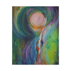 May include: Abstract painting on canvas featuring a central, pale pink orb surrounded by swirling brushstrokes of teal, green, blue, and purple. The artwork has a textured appearance, with visible brush marks and color blending. The overall theme is a vibrant, energetic composition.