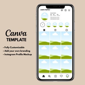 May include: A smartphone displaying a Canva template for an Instagram profile mockup. The phone screen shows a grid of images with green hills, blue skies, and white clouds. Text on the screen includes "user.name" and "Account Name". The words "Canva TEMPLATE" are also visible.
