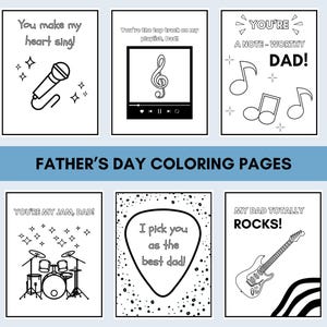 Vaderdagkleurplaten voor kinderen – afdrukbare bladen met muziekthema voor papa – leuk cadeau van kind – digitale downloadactiviteit – dad you rock