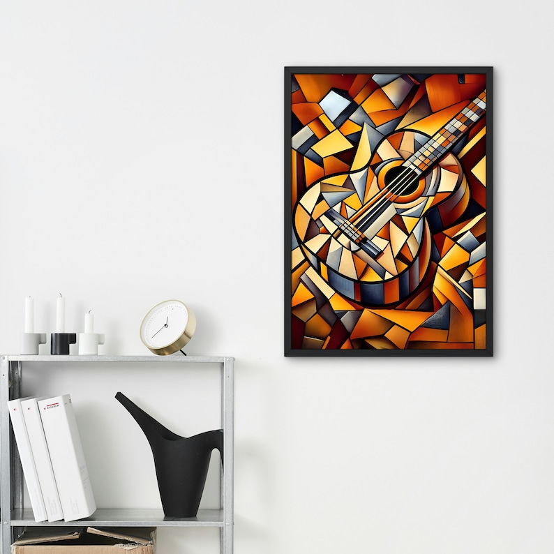 Abstrakte Vintage Gitarre im Picasso-Stil, hochwertiger Künstlerdruck, Kubismus-Gitarren-Digitaldruck, Picasso-inspiriertes Poster Bild 3