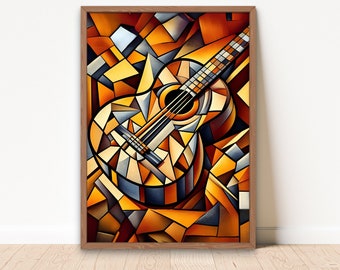 Impression d'art mural style Picasso, guitare vintage abstraite, impression d'artiste célèbre, impression numérique guitare cubisme, affiche inspirée de Picasso